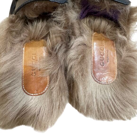 GUCCI Princetown Black Leather Fur Lined Loafer Mule with Bronze Horse Bit EU 37 - Picture 2 of 8